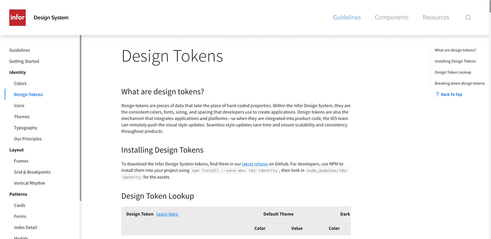 Screenshot of Infor design system token page